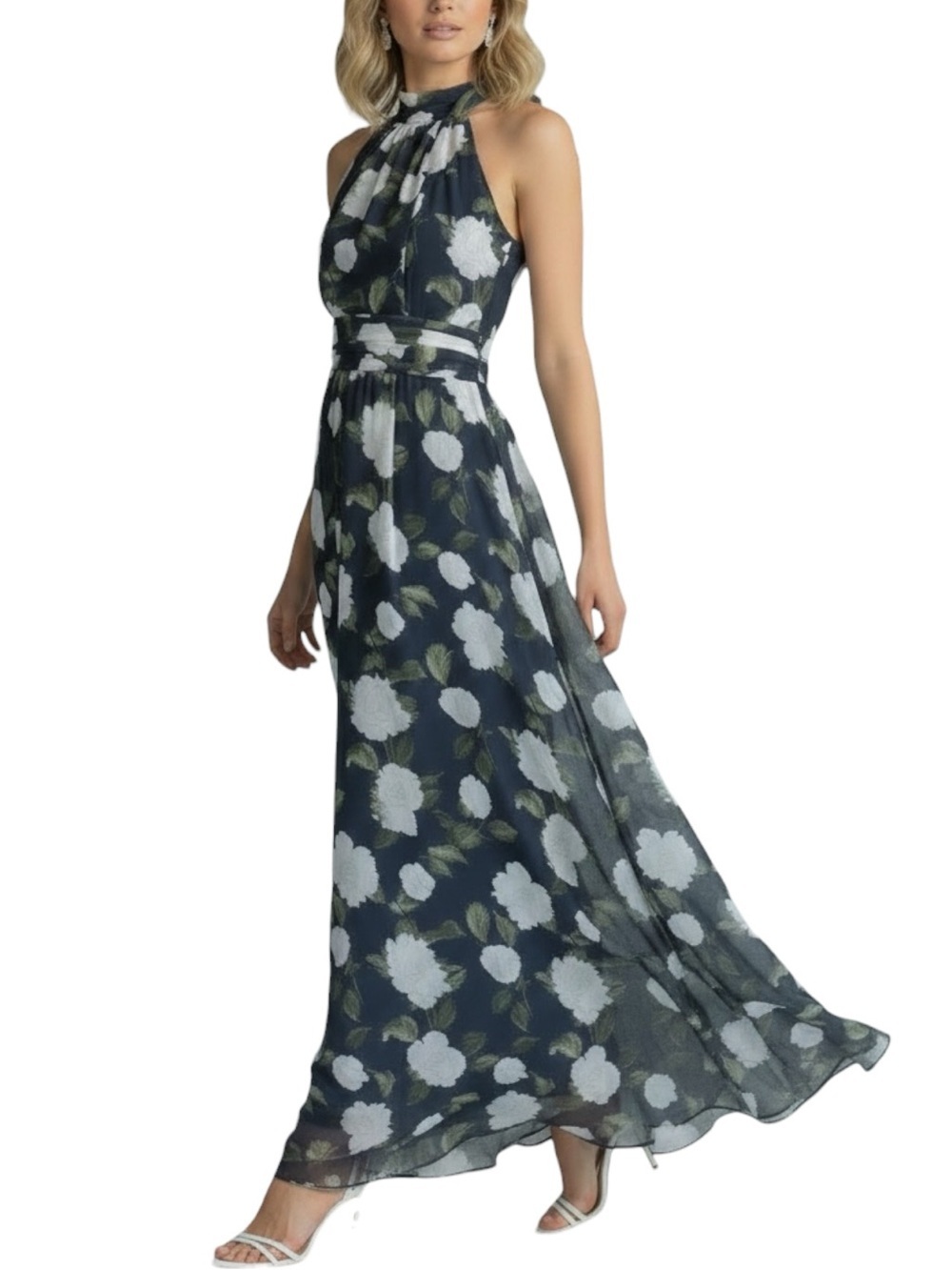 NWT SACHIN + BABI Navy Floral Sleeveless Tie Neck Maxi Slit Dress Gown Size 4